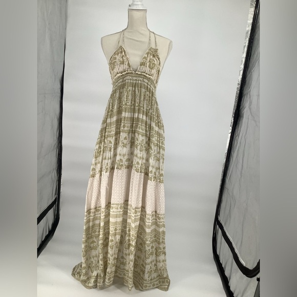 Free People Backless Elegant Green and Cream Halter Maxi Dress - Picture 8 of 13